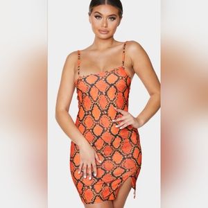 Orange Snake Print Strappy Split Hem Bodycon Dress Size 4 Pretty Little Thing